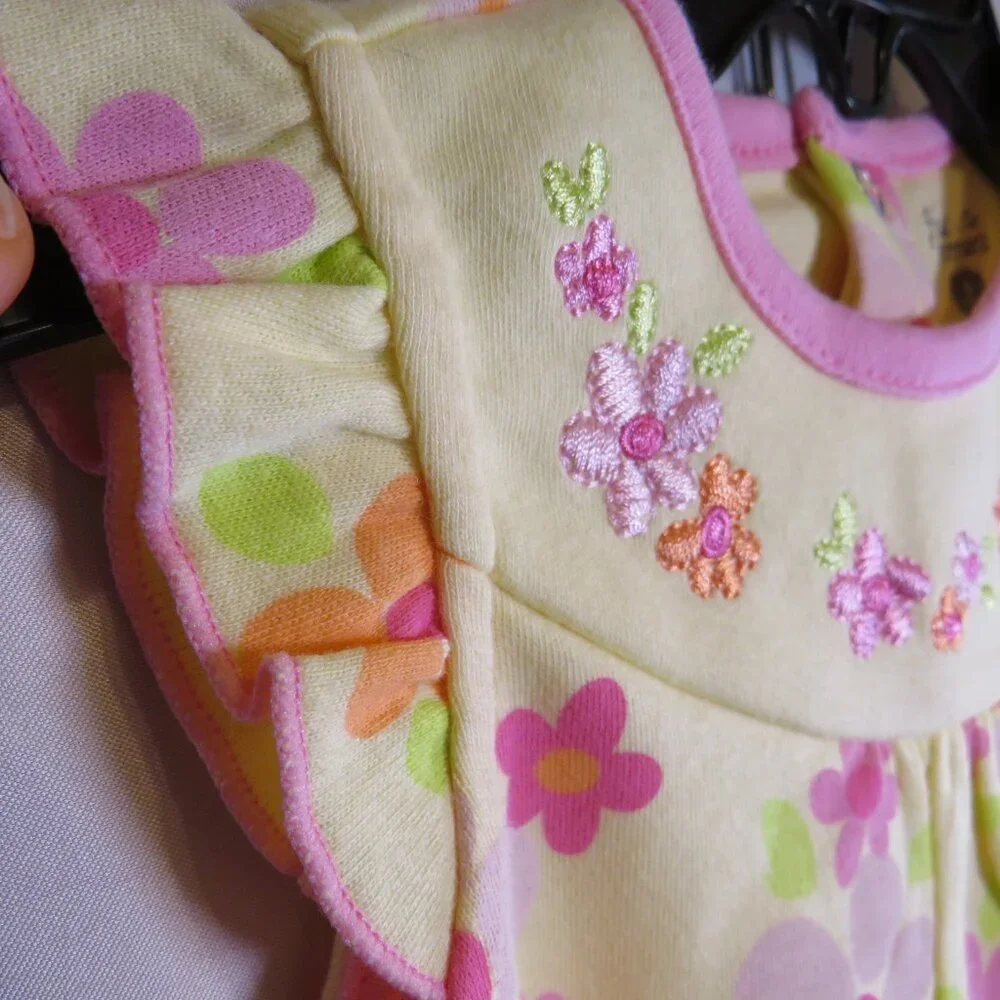 Baby Yellow & Pink Floral Bodysuit w ruffled cap sleeves 100% cotton embroidered